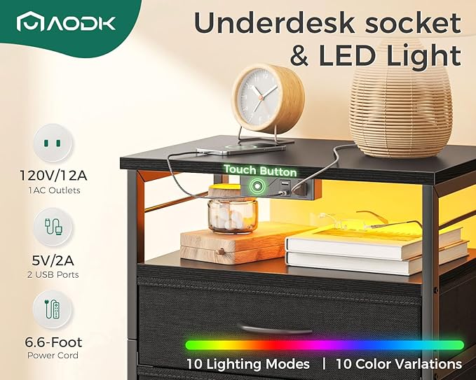 AODK Nightstand with Charging Station & LED Lights, 27.6" Tall Bedside Table with 4-Tier Storage, 2 Fabric Drawers & 2 Open Shelves, Space-Saving End Table for Bedroom & Living Room, Black