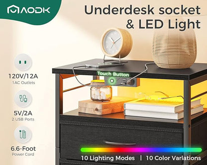 AODK Nightstand with Charging Station & LED Lights, 27.6" Tall Bedside Table with 4-Tier Storage, 2 Fabric Drawers & 2 Open Shelves, Space-Saving End Table for Bedroom & Living Room, Black