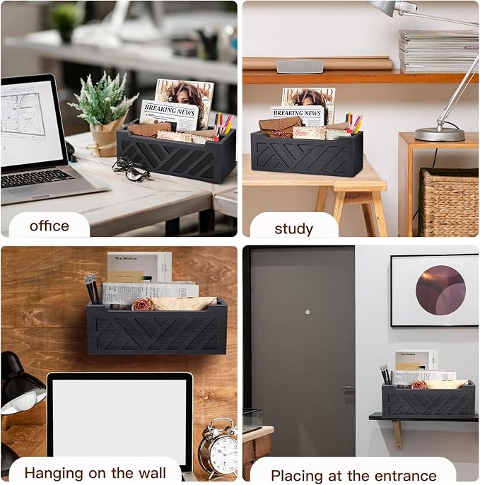 MINCORD Mail Organizer Mail Holder Countertop with 2 Slots, Wood Mail Basket for Wall Table Desk, Envelope Bill Holder for Home Office Decor (Black-2)