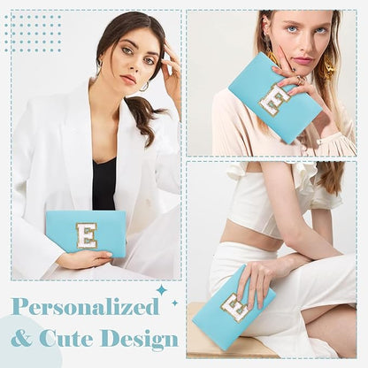 Small Personalized Initial A-Z Preppy Patch Makeup Bag,PU Chenille Letter Travel Cosmetic Pouch with Zipper,Blue Cute Toiletry Bag,Gift Ideal for Teen Girls Women Teacher Bridesmaid,Letter E