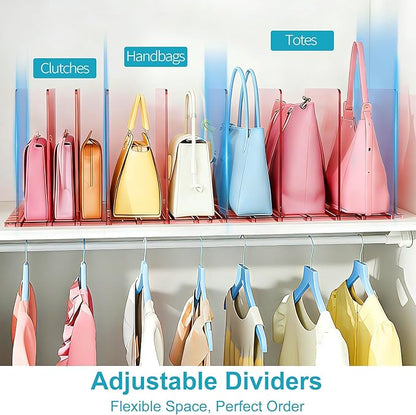 SortNStore Purse Organizer for Closet: Shelf Dividers Adjustable Acrylic Bag Closet Organizers and Storage Pink 4 Bases 14 Shelves