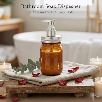 Amolliar Plastic Mason Jar Soap Dispenser with Pump Lid,16OZ Refillable Hand Soap Dispenser Set with Cute Lables - Farmhouse Decor for Kitchen Bathroom, Liquid Soap, Dish Soap, Lotion (2 Pack, Amber)