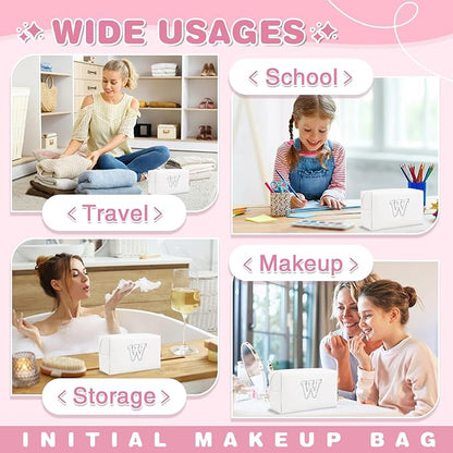 Bride Gifts – Personalized Initial Makeup Bag with Pearl Rhinestone Patch, Preppy White Monogram Cosmetic/Toiletry Pouch, bridesmaid Gifts, Bridal Shower Gifts, Wedding Gifts, Bridal Gifts,W