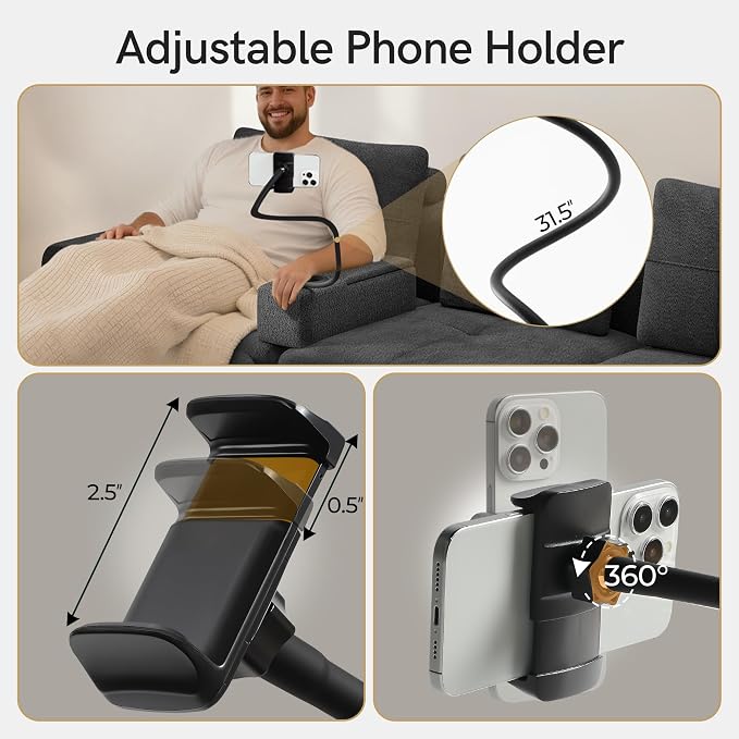 Multifunctional Couch Caddy Sofa Armrest with Couch Cup Holder, Charging Console, Phone Holder, Storage 20.3'' Removable Dark Grey Chenille Sofa Arm Rest Caddy Organizer for Sofas Couches