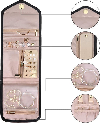 BAGSMART Travel Jewelry Organizer Case Foldable Jewelry Roll for Journey Rings, Necklaces, Earrings, Bracelets, Mini, Black