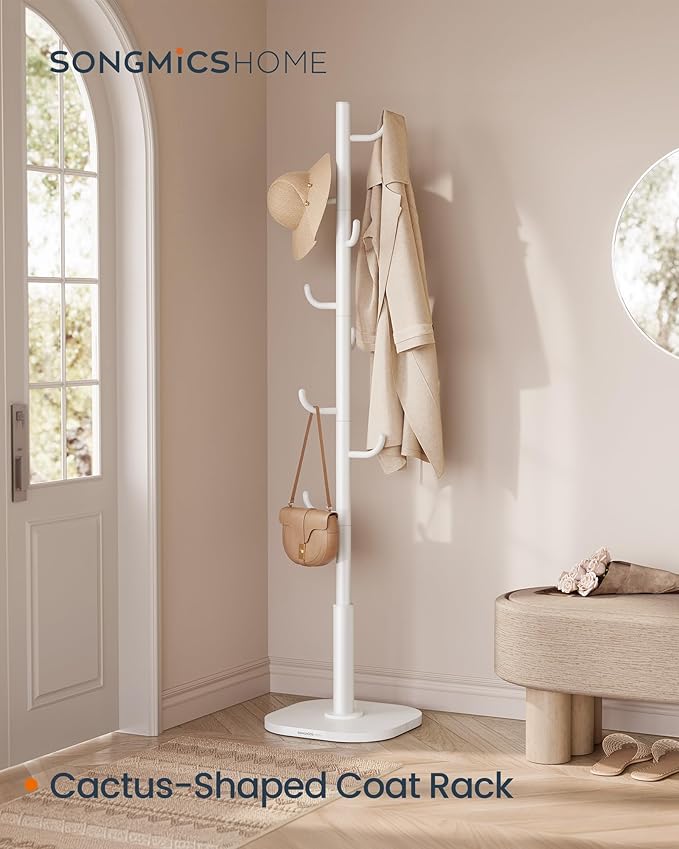 SONGMICS HOME Cactus-Shaped Coat Rack, Freestanding Coat Tree, Coat Hanger Stand with 8 Sturdy Hooks, with Curved Ends, for Clothes, Hats, Bags, Cloud White URCR039W01