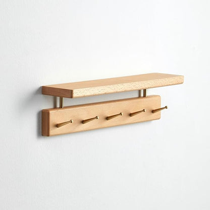 Solid Wood Shelf with Hooks, 15 inch Coat Rack Wall Mount, Shelves with 5 Brass Hooks for Hanging in Entryway, Living Room, Bathroom, Bedroom, Kitchen(Beechwood)