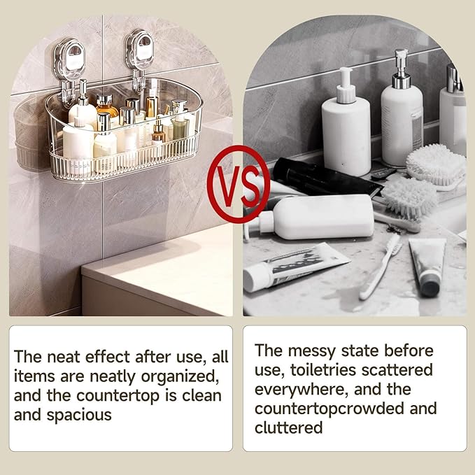 No-Drill Bathroom Suction Storage Box, Large Capacity Suction Cup Shower Shelf and Removable No Drill Storage Basket with Drain Holes, Strong Hold Wall Organizer for Bathroom Shower Kitchen Sink