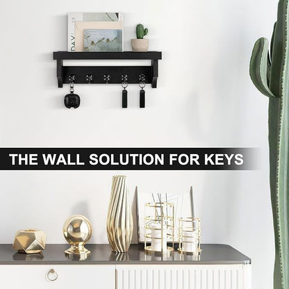 Key and Mail Holder Wall Mount, Key Holder with Shelf and Mail Organizer Wall Mount. Mail Holder with 5 Hooks for Coat, Dog Leash, Home Decor Rack, Entry Way Organizer (Black)