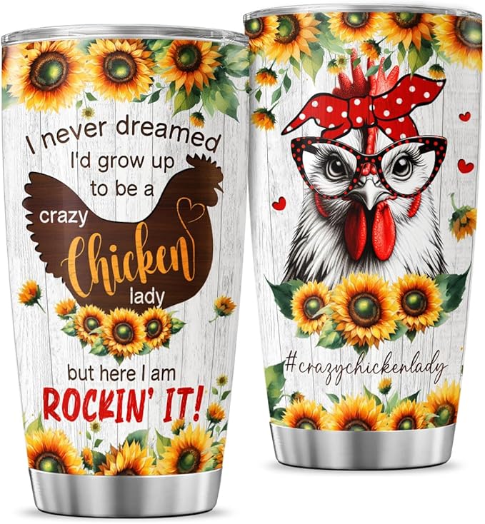 Crazy Chicken Lady Gift for Women, Funny Sunflower Chicken Cup 20oz Stainless Steel Insulated Tumbler, Rustic Farm Style Travel Mug for Chicken Lovers, Backyard Farmers, Mom or Wife