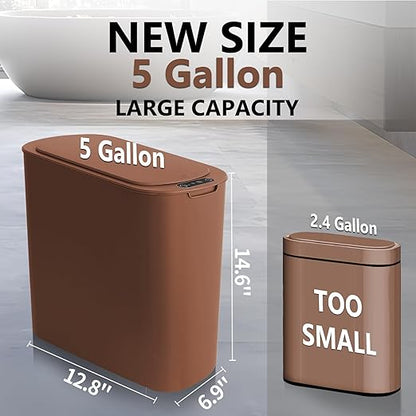 TIPGO 5 Gallon Motion Senor Bathroom Trash Can with Lid, Automatic Garbage Can Touchless, Smart Plastic Waste Basket for Narrow Spaces, Bathroom, Office, Bedroom, Living Room (Brown)