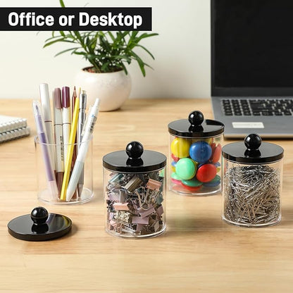 2 Pack Acrylic Qtip Holder Dispenser for Cotton Swabs, Balls, Pads, Floss - Plastic Canister Apothecary Jar Set, Bathroom Essentials Accessories Decor Vanity Makeup Storage Organizer - Clear & Black