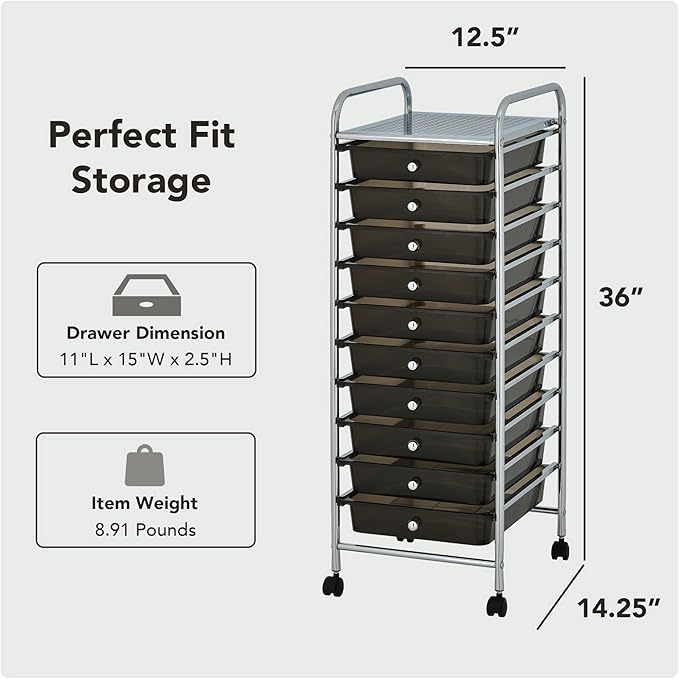 Display By Jack Rolling Storage Cart 10 Drawer Organizer with Black Drawers, Slim 36" Chrome Frame, Locking Wheels, and Top Shelf for Office, Classroom, Bathroom, or Craft Storage