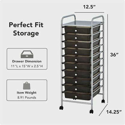 Display By Jack Rolling Storage Cart 10 Drawer Organizer with Black Drawers, Slim 36" Chrome Frame, Locking Wheels, and Top Shelf for Office, Classroom, Bathroom, or Craft Storage