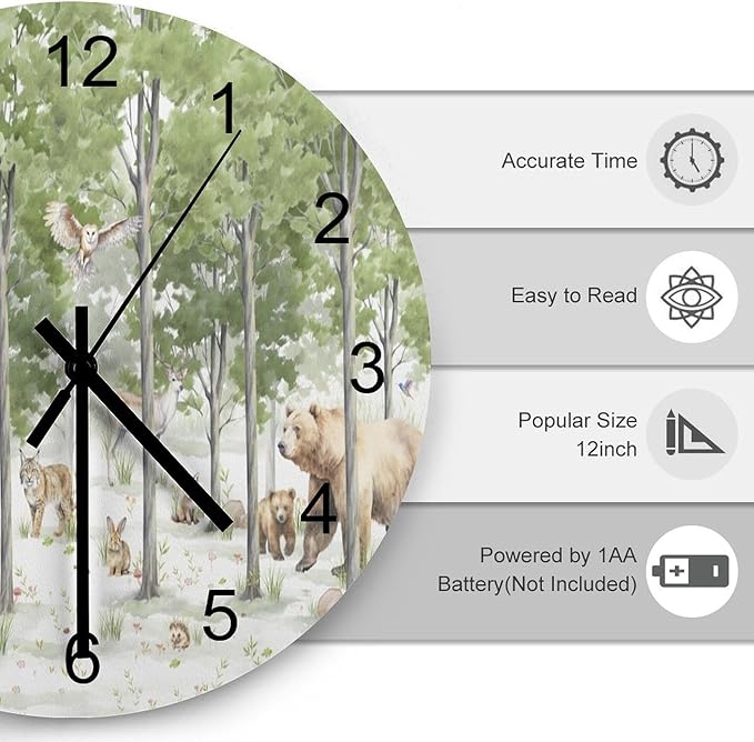 Forest Wood Wall Clock, Cartoon Forest Nature Animal Bear, Deer, Fox, Rabbit Style Pattern 12 Inch Silent Non-Ticking Battery Operated Round Clock for Bedroom Living Room Office Kitchen Decor