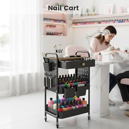 danpinera 3-Tier Rolling Cart, Metal Rolling Storage Cart with Wooden Table Top & DIY Pegboards, Storage Cart with Wheels, Hooks & Hanging Cups, Storage Organizer Cart Craft Art Cart, Black
