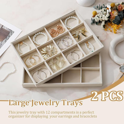 Large Velvet Jewelry Tray 2 Pack Stackable Jewelry Display Drawer Inserts Trays Organizer for Earring Bracelet Necklace Ring (Beige, 12 Grids)