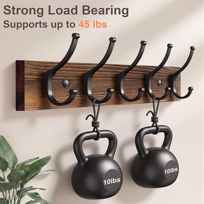 Optish 1 Pack Wooden Coat Rack Wall Mount, 16.1" Rustic Coat Hanger Hooks with 5 Double Hooks, Wall Coat Rack for Hat, Clothes, Bags, Jacket, Brown