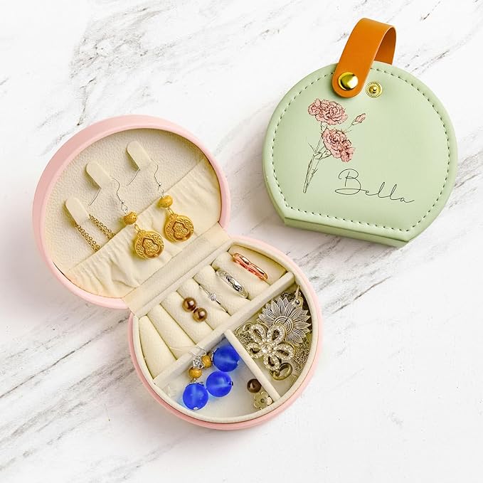 Personalized Leather Travel Jewelry Box with Name and Birth Flower for Women Gifts Custom Small Travel Jewelry Organizer Case Bridesmaid Proposal Gifts, Personalized Gifts for Women (Birth Flower)