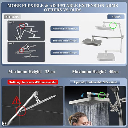 High Pressure Wide Rain Shower Head with Handheld Spray Combo, 14 Inch Rainfall Shower Heads with Adjustable Extention Arm, Dual Waterfall Showerhead with 3-Way Diverter(Brushed Nickel)