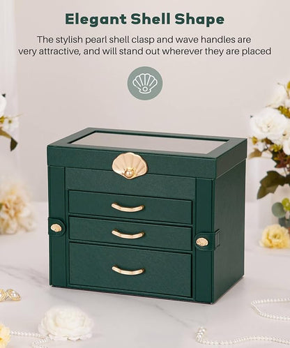 Jewelry Box with 3 Drawers: Display Organizer for Earrings Necklaces - Gifts for Girls Women (Forest Green)