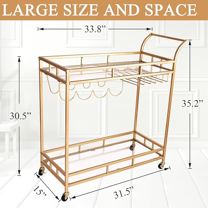 KAKO Gold Bar Cart, Gold Bar Cart with Wheels, Home Bar & Serving Carts with 2 Mirrored Shelves, Bar Carts for The Home, Kitchen, Dining Room, Dining Party