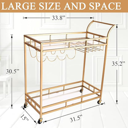 KAKO Gold Bar Cart, Gold Bar Cart with Wheels, Home Bar & Serving Carts with 2 Mirrored Shelves, Bar Carts for The Home, Kitchen, Dining Room, Dining Party