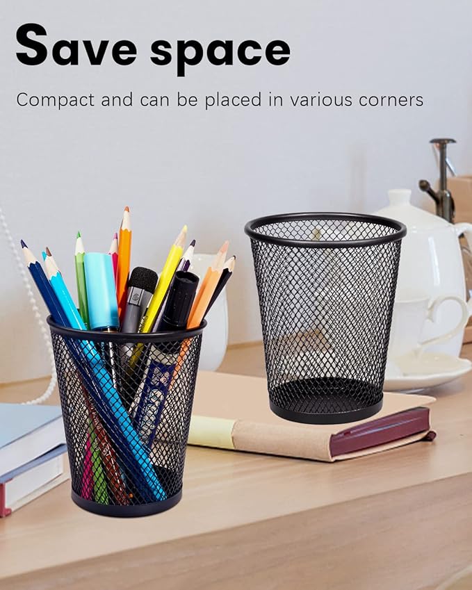 QYH Mesh Pencil Holder Metal Pen Cup Black for Desk 6 Packs