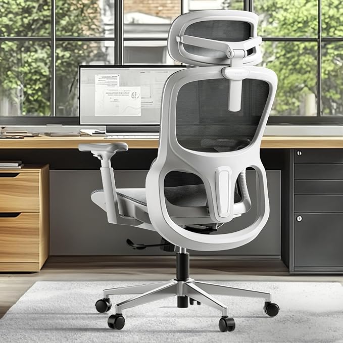 Hbada P2 Ergonomic Office Chair, Office Chair with 3D Lumbar Support, Mesh Chair with 3D 360° Rotation Arms, 3D Headrest & Comfortable Seat, 135° Stepless Tilt Function, White