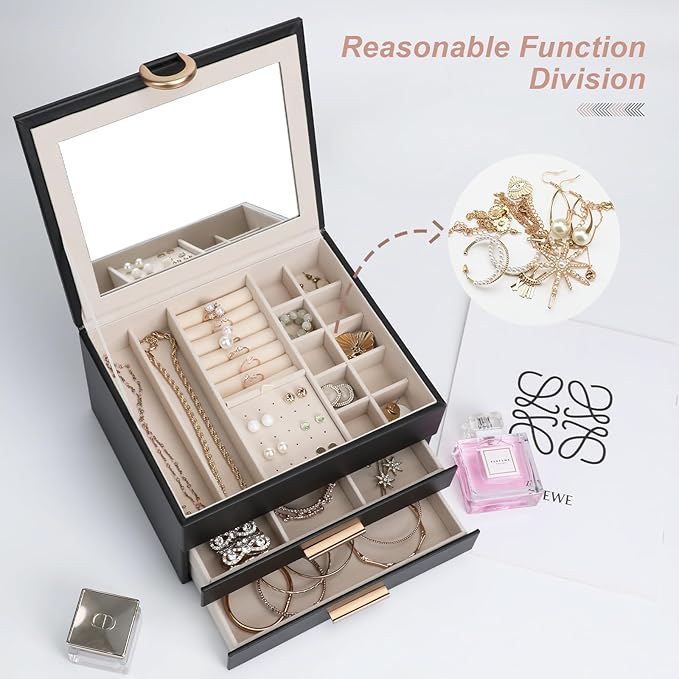 Large Jewelry Organizer Box with Mirror - Features Ring Rolls, Necklace Hooks, Earring Slots, Plush Interior for Luxury Protection Black
