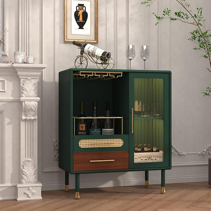 ARTPOWER Modern Coffee Bar Cabinet with Wine Glass Rack and Drawers, Green Liquor Cabinet with Pull-Out Wine Storage for Kitchen, Dining Room, Living Room | Wine Glass Rack, Drawers
