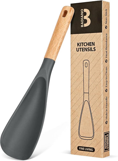 Cooking Spoon for Nonstick Cookwares, Great for Cooking and Serving Sturdy BPA-Free Matte Silicone, Wood Handle Spoon for Mixing, Scoop, and Scrape (GREY, 11.4 inch)