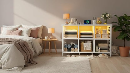 6 Cube Storage Organizer with LED Light and Charging Station, Wood and Metal Cube Shelf, White Horizontal Book Shelf for Bedroom, Home Office