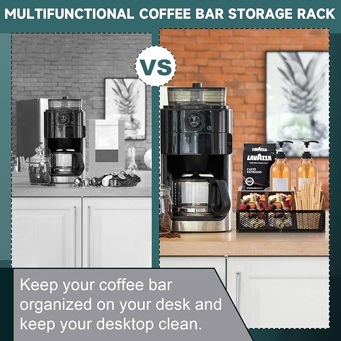 Yalikop Coffee Station Organizer for Countertop, All in One No Assembly Wood Coffee Creamer Bar Holder with Iron Mesh, Office Tea Bar Accessories Gift for New Home Birthday(Dark Brown,Classical)