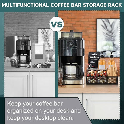 Yalikop Coffee Station Organizer for Countertop, All in One No Assembly Wood Coffee Creamer Bar Holder with Iron Mesh, Office Tea Bar Accessories Gift for New Home Birthday(Dark Brown,Classical)