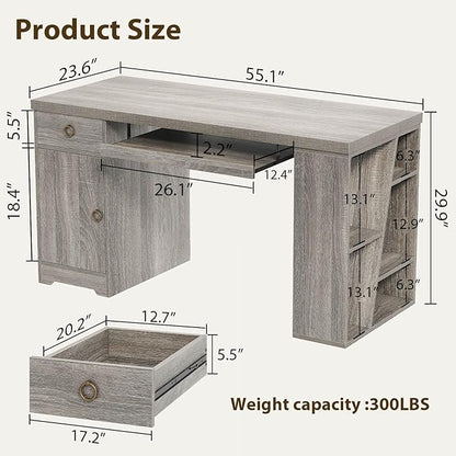 HSH 55" Office Computer Desk with Drawers, Farmhouse Grey Executive Desk with Storage Shelves and Cabinet, Modern Wooden Computer Table Teacher Desks with Keyboard Tray for Home Writing Work Study