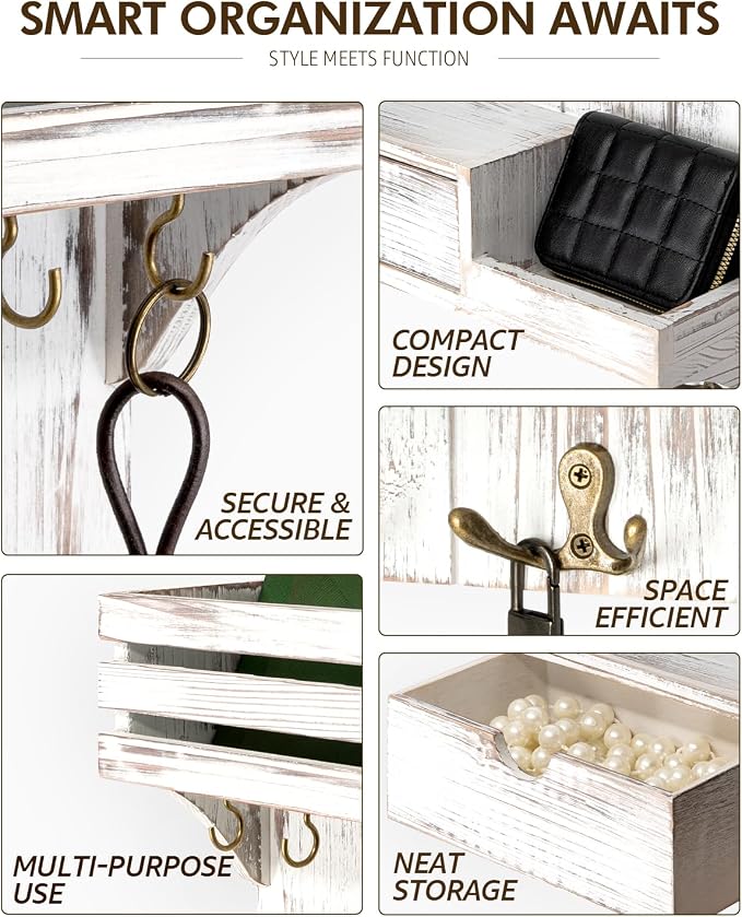 Rebee Vision Farmhouse Key Holder Wall Mount with Mini Drawer Organizer - Decorative Mail Organizer with 9 Key Hooks & Shelf - Ideal Apartment Essentials for Home Decor (Whitewash)