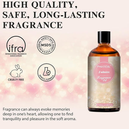 PHATOIL J'admire Fragrance Oils for Aromatherapy, 3.38FL.OZ Diffuser Oils for Home, Perfect for Aromatherapy, Humidifiers, Yoga, DIY Candle and Soap Making - 100ml