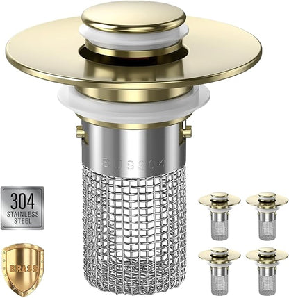 Sink Stopper Hair Catcher, Pop-up Sink Drain Strainer with Removable Stainless Steel Strainer Basket Hair Catcher, Bathroom Sink Strainer for Bathroom Sink Stopper Replacement (4, Brushed Gold)