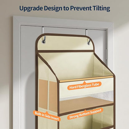 Yecaye Over The Door Organizer Storage, 5-Tier Heavy Duty Door Organizers Hanging with 10 Side Mesh Pockets, 44 lbs Load Capacity Behind Door Storage for Bathroom Nursery Bedroom Dorm Closet,Beige,1Pc