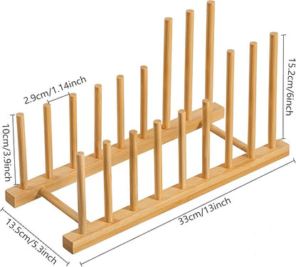 HBlife 2pcs Heighten and Widen Bamboo Dish Drying Rack Plate Bowl Cup Book Pot Lid Cutting Board Stand Drainer Storage Holder Organizer for Kitchen Cabinet