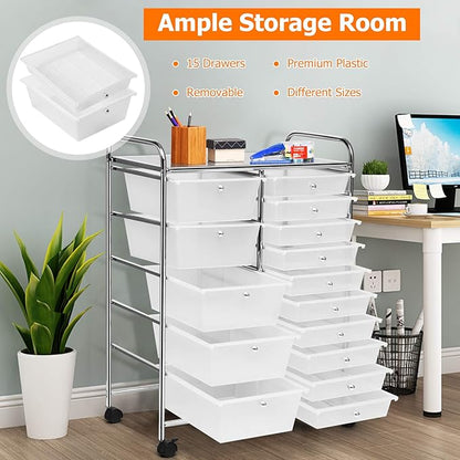 HAPPYGRILL 15-Drawer Rolling Cart, Storage Carts with Removable Drawers & Steel Frame, Utility Cart on Lockable Wheels for Home, School, Office,Clear