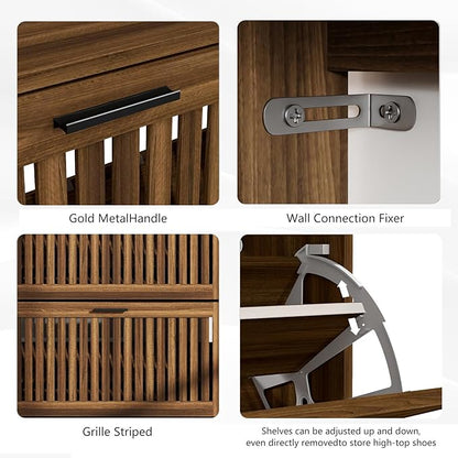 Vibe & Dine Shoe Cabinet with 2 Flip Drawers, Walnut Shoe Storage Cabinet for Entryway Slim, Free Standing Shoe Rack Organizer with Hollowed Doors for Hallway, Bedroom