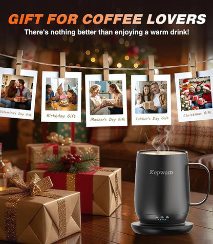 Kepwam Self Heating Coffee Mug T2, 16oz Smart Heated Coffee Mug, 150 Min Battery Life - Hot up to 149℉ Temperature Control Coffee Mug Warmer, Gifts for Dad Mom (No APP)