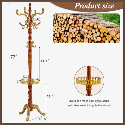 Wooden Coat Rack Freestanding, Vintage Coat Racks with Sturdy Round Base, Adjustable Height 37.40"-72.83" Entrance Coat Rack for Bedroom Living Room Entryway (Begonia Upgraded version)