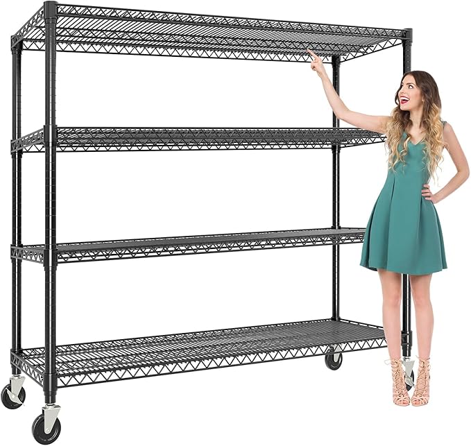 GarveeLife 72" H Storage Shelves with Wheels 2640 LBS Heavy Duty Metal Shelving 4-Tier Wire Shelving for Corner Storage Rack Adjustable Pantry Shelf for Kitchen Pantry, 72" H x 59" W x 17.7" D
