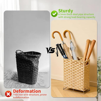 Rattan Umbrella Stand with Built-in Water Reservoir & Hooks, Hand Woven Umbrella Rack Organizer Freestanding - Stable, High-Capacity Organizer for Home and Office - 11.8" L x 5.5" W x 16.5" H