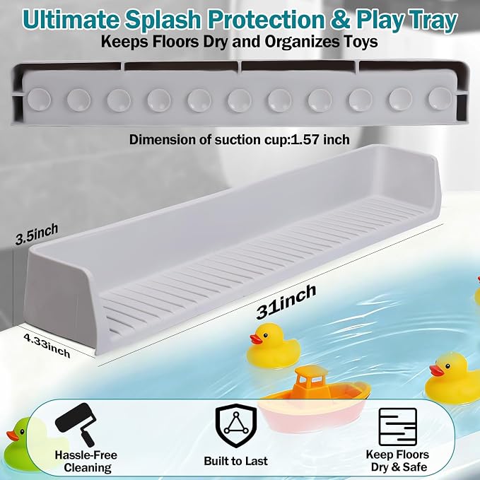 Bathtub Splash Guard for Tub Kids- 31" Extra Long Silicone Bath Play Shelf, Toy Tray & Caddy Holder, Prevent Water Spills & Messy Floors, Tub Edge Guard for Bathroom- Grey