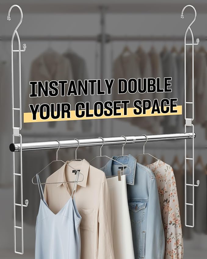 Supforce Hanging Closet Rod Stainless Steel, 2 Pack Adjustable Height & Width Closet Rod Extender, Space-Saving Closet Hanging Storage Organizer，Load up to 88LB
