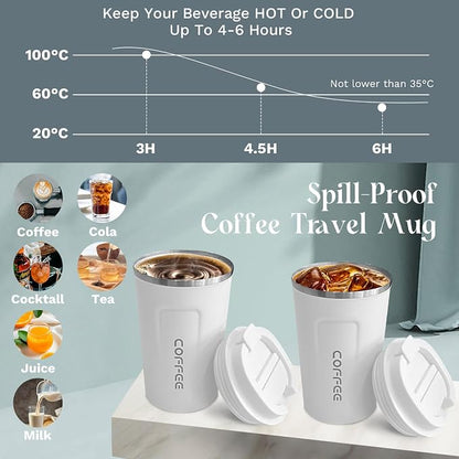 YINBAOGE Insulated Travel Coffee Mug, Spill & Leak Proof, Portable To Go Camping Stainless Steel Coffee Tumbler, Reusable Thermal Coffee Cup with Lid for Hot & Cold Drinks (2nd-White, 12 OZ)